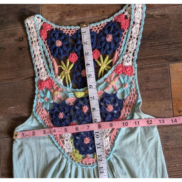 BLUE TASSEL Anthropologie Crochet Back Midi Dress S Mint Green Boho Festival - Picture 6 of 7